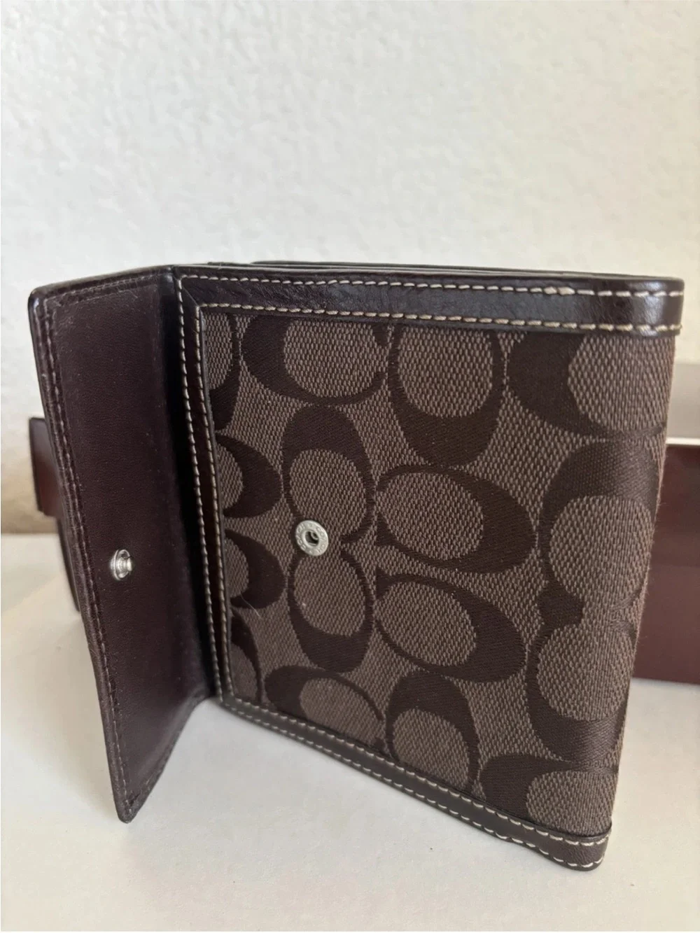 Vintage Coach Brand Brown Signature Canvas Wallet with Leather Trim